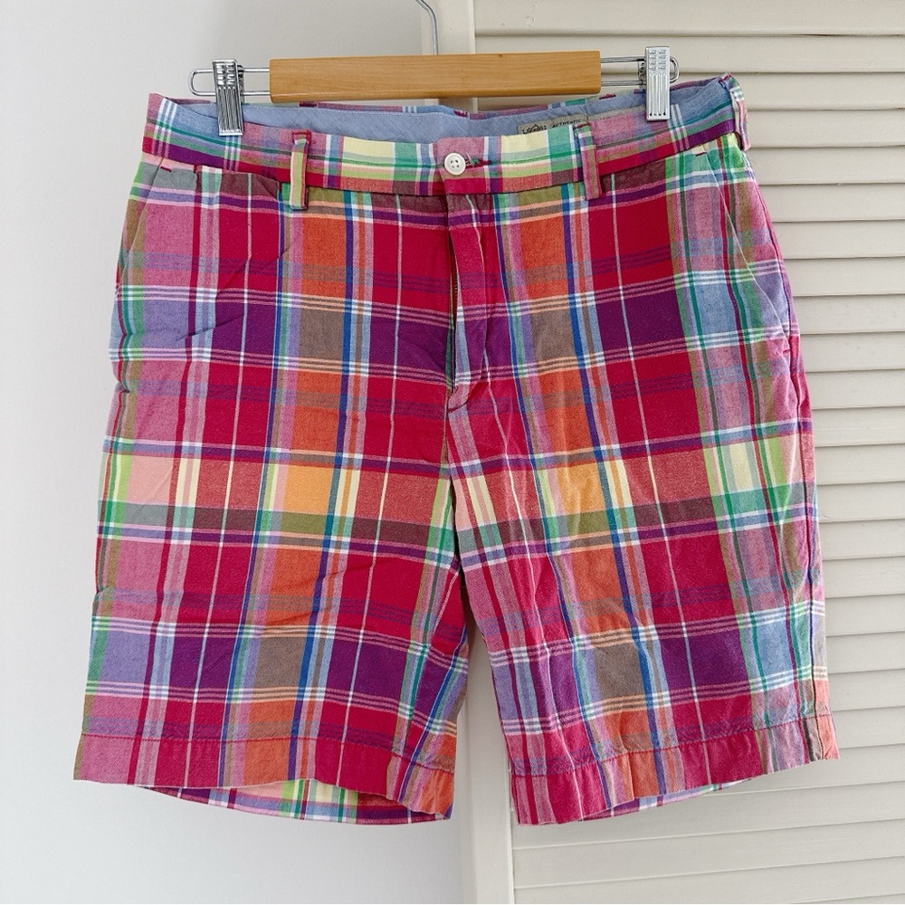 Polo by Ralph Lauren Red Orange Plaid Cotton Linen Lightweight Shorts 32 RRL